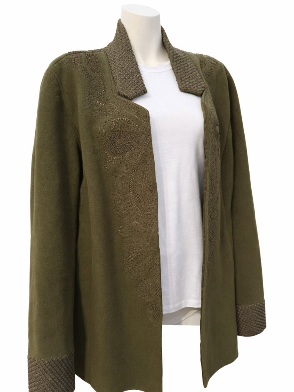 Linda Allard Ellen Tracy Olive Embroidered Jacket Size 18 Plus size quiet luxury